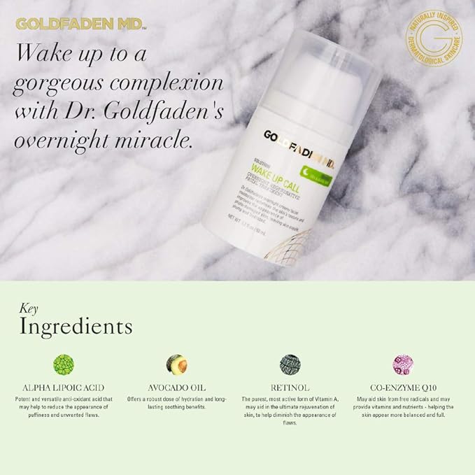 Dr. Goldfadens Wake Up Call Night Facial Moisturizer Night Cream for Dry & Aging Skin | w/Alpha Lipoic Acid, Avocado Oil Retinol, Co-enzyme Q10 1.7 fl. oz.