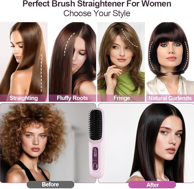 Cordless Hair Straightener Brush, Mini Hair Straightener Comb with Negative Ion, Portable Hot Comb Straightener for Women, Rechargeable 4000mAh Battery, Anti-Scald, 3 Temp-Setting