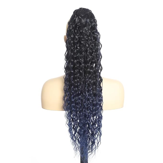 Deep Wave Ponytail Extension for Women 24 Inch Black to Dark Blue Curly Wavy Ponytail Hair Extensions Drawstring with Clips Short Synthetic Hairpiece for Daily and Party