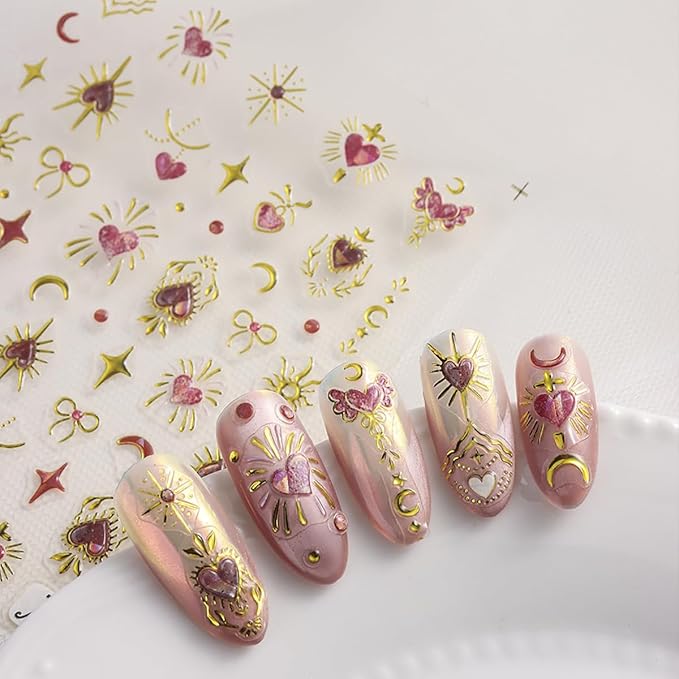Stars Moon Nail Art Stickers Self-Adhesive Gold Stars Moon Hearts Nail Decals Designs Holiday French Tip Nail Sticker Valentine DIY Manicure Decoration Supplies Accessories for Women