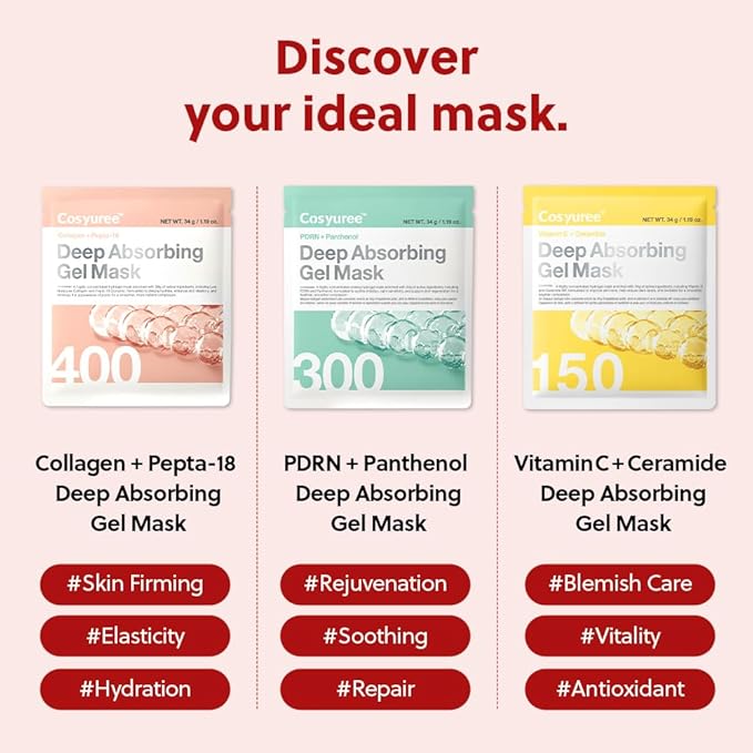 COSYUREE Collagen Deep Absorbing Hydrogel Mask, Korean Collagen Hydrogel Mask, Overnight Face Mask, Hydrating, Glass skin, Rejuvenation, Korean Skincare, 34g x 5ea