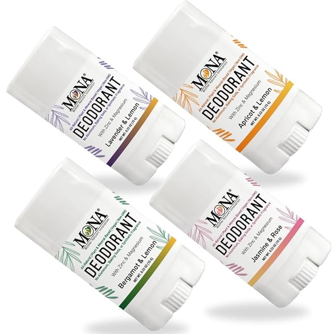MONA TRAVEL SIZE All Natural Deodorant for Women & Men | Aluminum & Baking Soda Free Mini Deodorant with Natural Fregrance | Vegan, Skin Safe (Travel 4-Pack VAR-2 (0.53 Oz each))