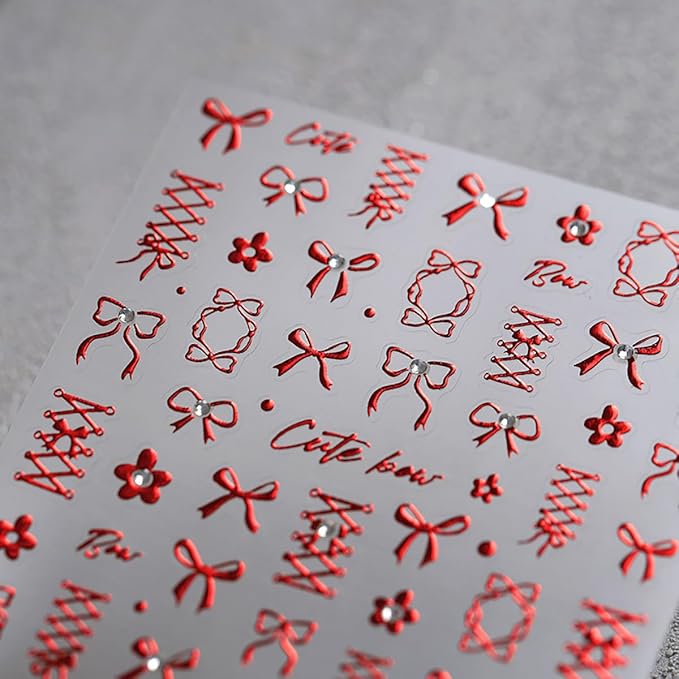 Bow Nail Art Sticker Self-Adhesive Red Flowers Bows with Nails Rhinestones Nail Decals Design Valentine Bow Nail Sticker DIY Manicure Acrylic Nails Decoration Accessories for Women