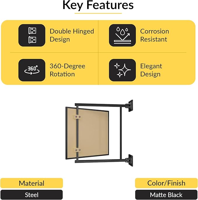 BRIXWELL Pivot-N-Vue Double Hinged Mirror Square, Tubular Steel with Silver Brazed Joints, Matte Black Finish, 11" Width x 11" Height, 10" Extendable Arms, Adjustable Wall Mount Bathroom Mirror