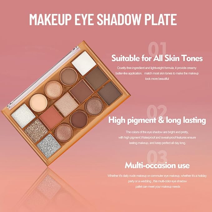 15 Color Neutral Nude Eyeshadow Palette Makeup – High Pigment Waterproof Matte & Shimmer Eyeshadow Palette, Long-Lasting Blendable, Pink, Brown, Rose Gold, Glitter Eye Makeup (01#, 1 Count)