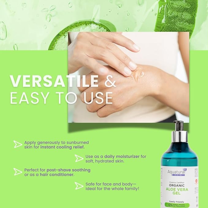 Aquatural Organic Aloe Vera Liquid for Face & Body - Aloevera for Sunburn, Dry Skin - Paraben Free & Dye Free - Natural Moisturizer for Babies & Adults - Moisturizing Aloe Liquid (16.9 fl oz)