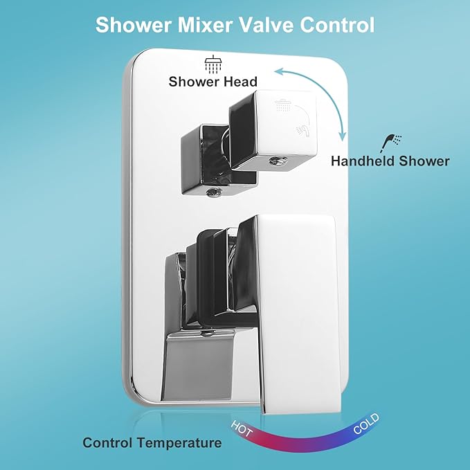 RTTWYYUU Chrome Shower System 8 Inch, Rain Shower Head with Handheld Spray, Luxury Rain Shower Set Square Wall Mount for Bathroom with Rain Shower and Handheld Shower System