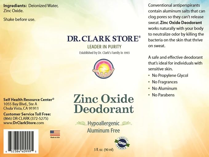 Dr Clark Zinc Oxide Roll-On Deodorant- NO Aluminum, Hypoallergenic, Paraben Free, Fragrance Free. Safe, Natural, & Effective