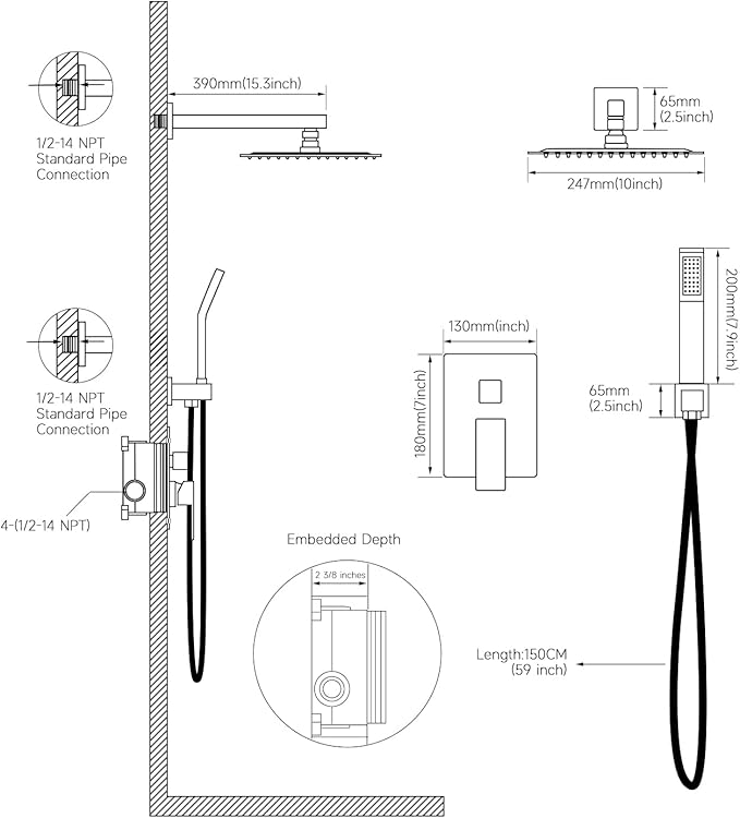 POPFLY Recessed 2-Function Shower System with 10" Square Rainfall Shower Head & High Pressure Handheld Spray – Wall Mounted Shower Faucet Set, Brushed Nickel Trim Kit with Rough-in Brass Valve