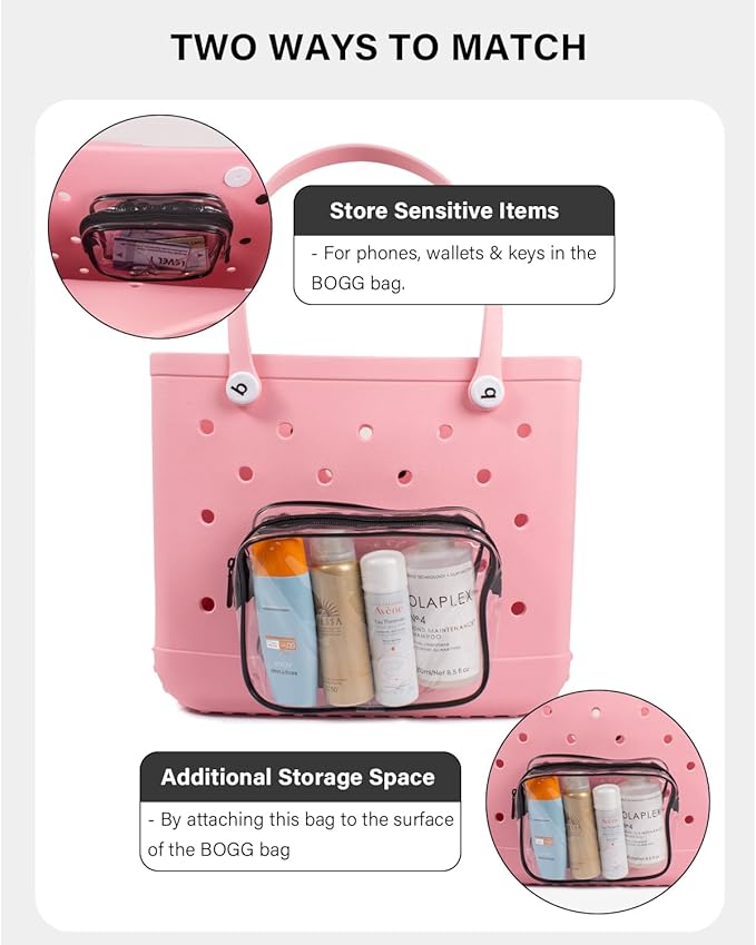 4 Pack Clear Toiletry Bags, Portable Travel Makeup Pouch with Zipper, TSA Approved Organizer, Clear Pouch Bags Compatible With Bogg Bag Divider Accessories (Bogg Clear Black, Pack of 8)