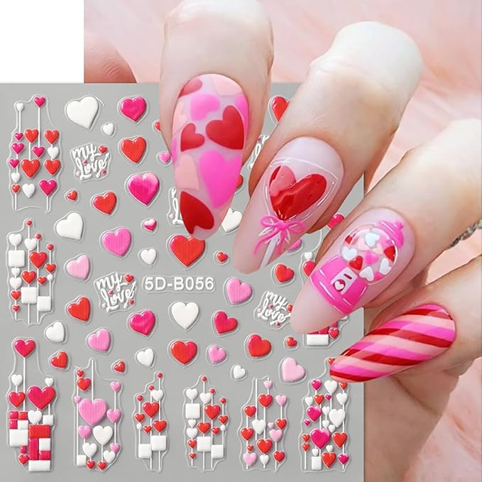 3 Sheets Heart Nail Stickers Red Pink Heart Nail Decals 3D Self Adhesive Valentine Heart Love Nail Art Sticker Holiday DIY Manicure Decoration Supplies Accessories for Women