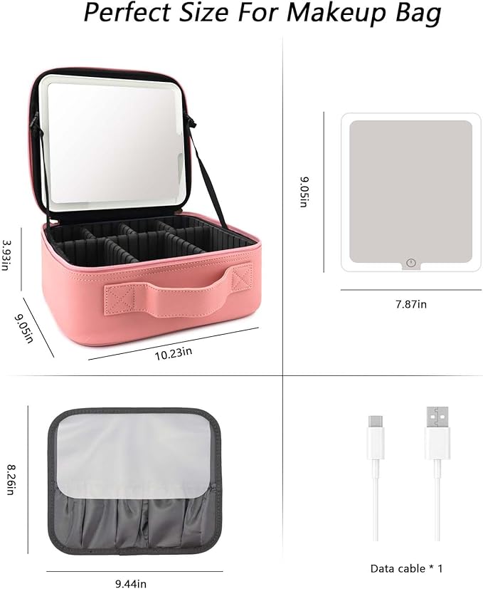 SLUMAZI Travel Makeup Bag with LED Mirror Travel Makeup Organizer with 3 Lighted Settings, Adjustable Dividers and Makeup Brush Storage Bag Pink