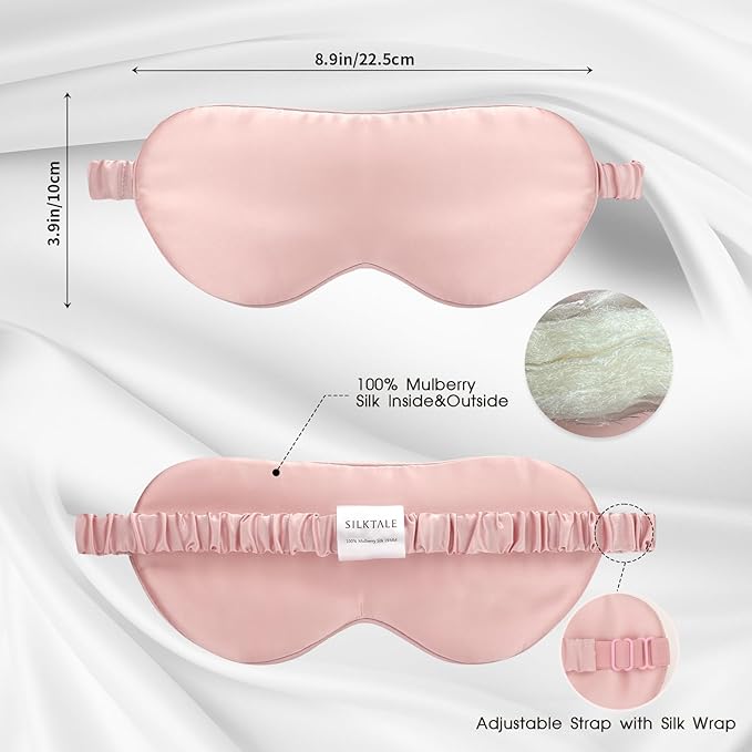 SILKTALE Mulberry Silk Blackout Adjustable Sleep Eye Mask for Men/Women Travel Plane,Blush Pink