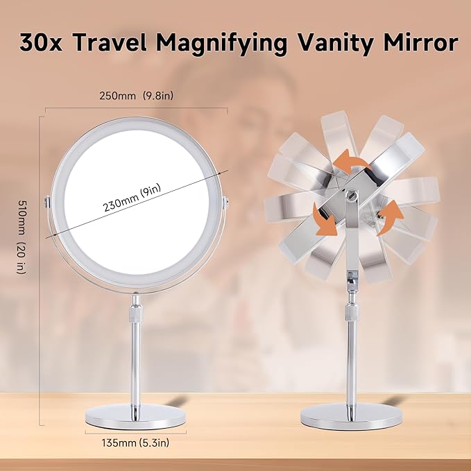 1X/30X Magnifying Makeup Mirror with Lights - 9" Large Dual-Sided Vanity Mirror with 3 Color Lights for Women's Travel Cosmetic Mirror | 3000 mAh-USB Rechargeable | 360° Rotation | Adjustable Height