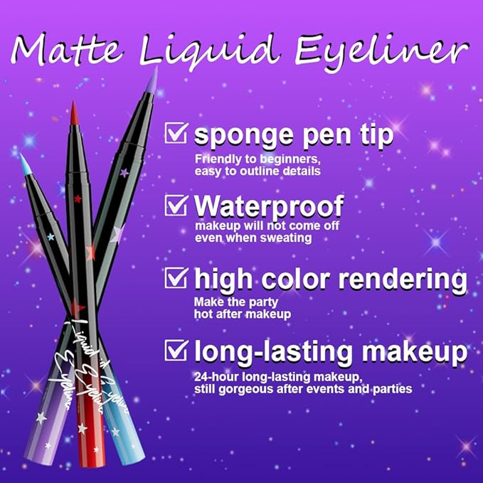 evpct 6Pcs Matte Liquid Eyeliner Set Pack Waterproof Smudge Proof, Lavender Purple Sky Royal Blue Red Brown Black Eye Liner Liquid for Face Body Paint, Longwear Eyeliners Waterline Thin Quick-dry 02