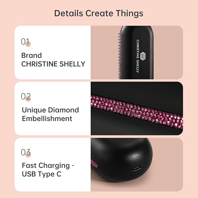 Hair Straightener Brush, Portable Cordless Mini Straightening Brush for Travel, Negative Ion Hot Comb Hair Straightener with 9 Temps for Women, Anti-Scald Ceramic, Fast Charge