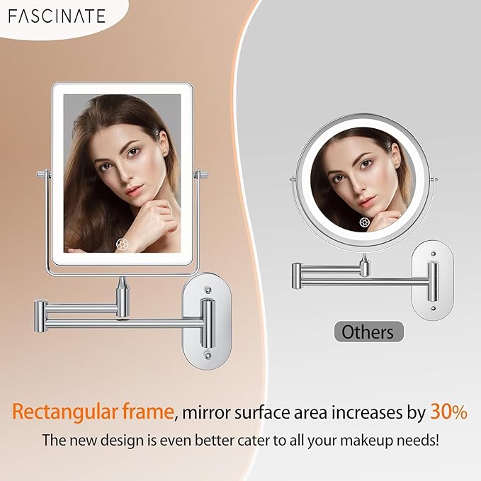 FASCINATE 5000mAh Rechargeable Wall Mounted Makeup Mirror, 8.7" Double Sided Touch Switch 1X/30X Rectangle Wall Mounted Magnifying Mirror with Light, 3 Color Setting, Extended Arm 360° Swivel Foldable