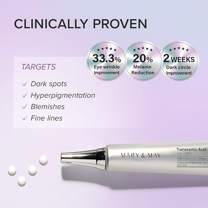Mary&May Tranexamic Acid + Glutathione Eye Cream (30ml) - Korean Skincare for Dark Circles & Uneven tone - Fragrance-Free Under Eye Cream for Dark Spots & Hyperpigmentation 1.01oz.