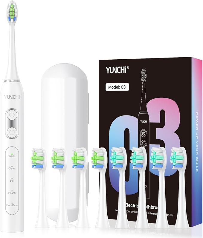 YUNCHI Electric Toothbrush Birthday/Valentine Plastic 8 Heads 24-Mo Deep Cleans Gentle Gums Removes Stains 3Hr USB-C 90d 2-Min Timer/30s IPX7 - White