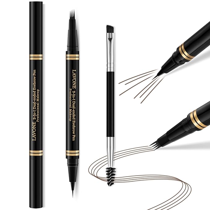 Makeup Kit with 4 Tip Waterproof Microblading Eyebrow Pencil, Eyeliner, Pomade and Dual-ended Eyebrow Brush - Dark Brunette