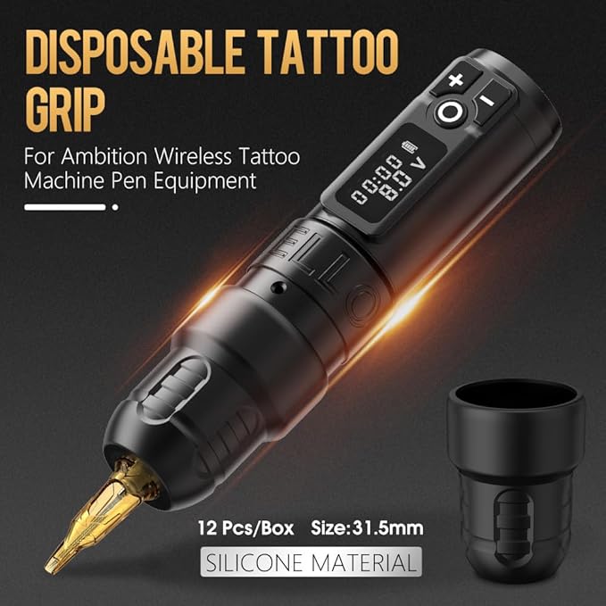 Ambition Soldier P3 Disposable Tattoo Grips - 12Pcs 28mm Professional Tattoo Rubber Grip Cover with Click Adjust System Supply for Rotary Soldier, Zetton, Torped & Shura Tattoo Pen Machine Gun