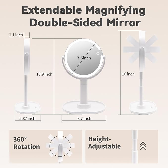 Makeup Mirror with Lights, Double Sided 1x/10x Magnifying Mirror，Rechargeable 3 Color Lights & Adjustable Brightness and Height LED Vanity Mirror, 360° Rotation Detachable Travel Make Up(White)