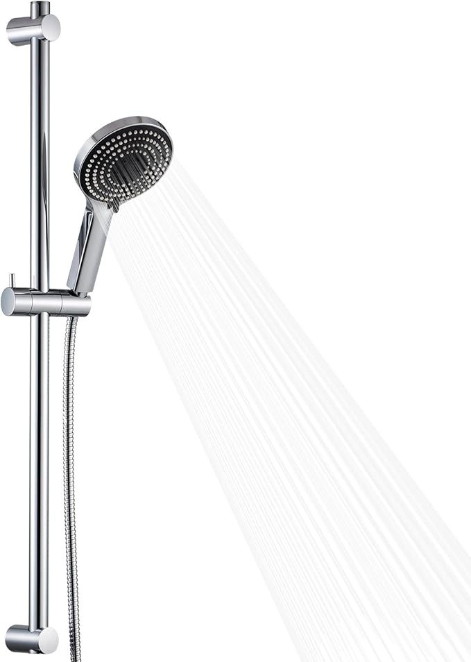 OFFO Shower Slide Bar Combo, Adjustable 33 in Slide Bar with 6-Mode High Pressure Handheld Shower Head and 60 in Stainless Steel Hose, Screw Wall Mounted, Chrome