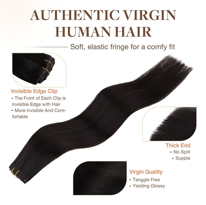 GOO GOO Invisi Edge Clip in Hair Extensions, 20inch 60g 4Pcs, Injected Seamless PU Clip in Hair Extensions, Virgin Real Human Hair, #1B Natural Black