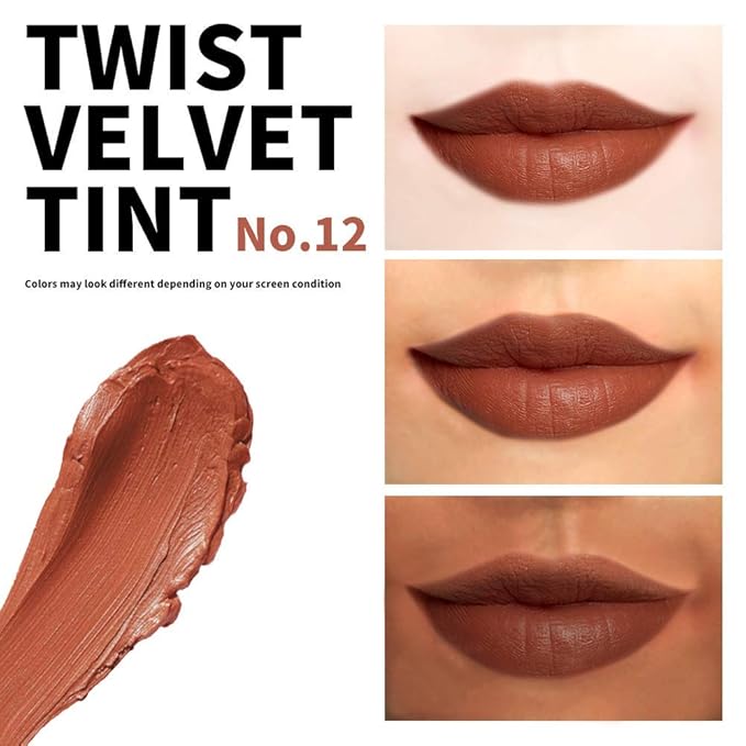 Long Lasting Lip Stain for Lips and Cheek Tint | High Pigment Color | lightweight Matte Finish | Weightless | Full Coverage | Twist Velvet Tint #12 (No.12)
