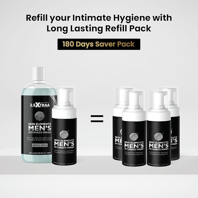 Skin Elements Men's Intimate Wash JUMBO Pack | with Refill | For 180 Days | 14.2 fl. oz | pH Balanced Hygiene Foaming Wash | Controls Bad Odor | with Tea Tree Oil | Super Saver Pack |