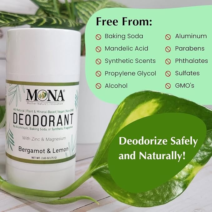 MONA BRANDS All Natural Magnesium Deodorant for Women & Men | Baking Soda & Aluminum Free (Bergamot Lemon) 2.65oz