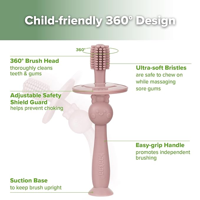 haakaa 360° Baby Toothbrush with Suction Base - Gentle Cleaning for Infant Self-Brushing Training, Food-Grade Silicone, Adjustable Safety Shield - Blush (1 Piece)