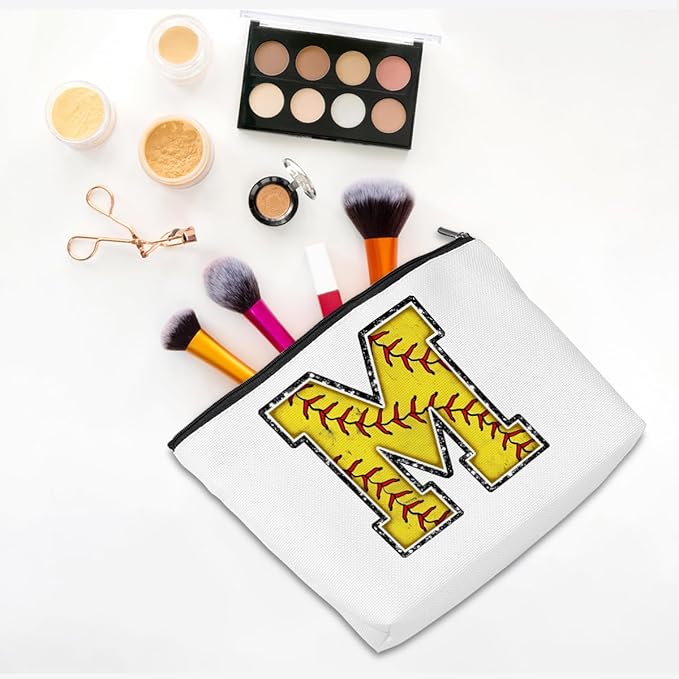 CQM Softball Gifts Initial Makeup Bag Monogrammed Cosmetic Bag Letter M Zipper Pouch Softball Accessories for Girls Women Player Coaches Friend Graduation Birthday Gifts