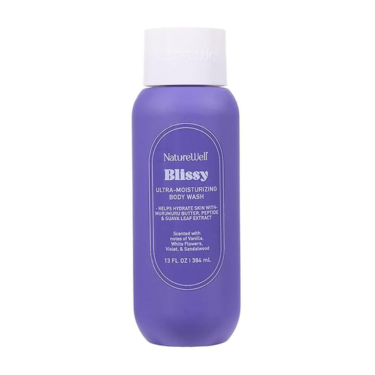 NATURE WELL Blissy Hydrating & Cleansing Body Wash, Infused with Guava Leaf Extract, Murumuru Butter, & Peptides, Scented with Vanilla, White Flowers, Violet, & Sandalwood, 13 Fl Oz