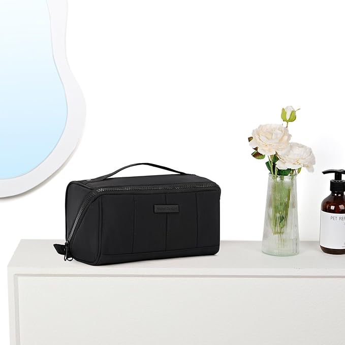 NISHEL Travel Makeup Bag for Women, Fluffy & Lightweight Open Flat Cosmetic Organizer with Multiple Functional Divider for Brush Independent Storage, Handle for Easy Portability, Black