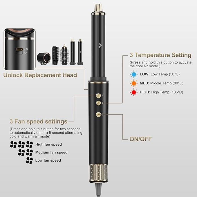 5 in 1 Hair Styler & Hair Dryer Brush, Upgrade Multi Blow Dryer Brush, Detachable Hot Air Brush Negative Ion Curling Brush Iron, Salon-Perfect Curls for All Hair Types