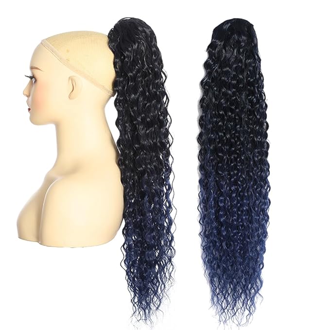 Deep Wave Ponytail Extension for Women 12 Inch Black to Dark Blue Curly Wavy Ponytail Hair Extensions Drawstring with Clips Short Synthetic Hairpiece for Daily and Party