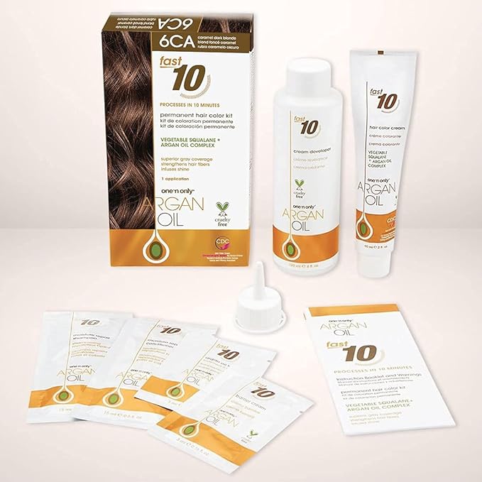 One 'N Only Fast 10 Permanent Hair Color Kit - Hair Dye for Women with Argan Oil to Maintain Moisture Balance - Advanced Micro-Pigments for Natural Tones (6CA Caramel Dark Blonde)