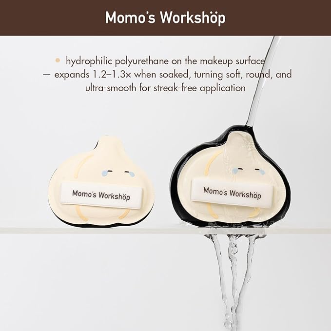 Momo's Workshop Crying Garlic Makeup Sponge 2-Pack, Hydrophilic PU for Sheer Finish, Dry&Wet Use,Pointed Tip for Concealer & Flat Side for Foundation, Flawless Sheer Finish with Travel Case