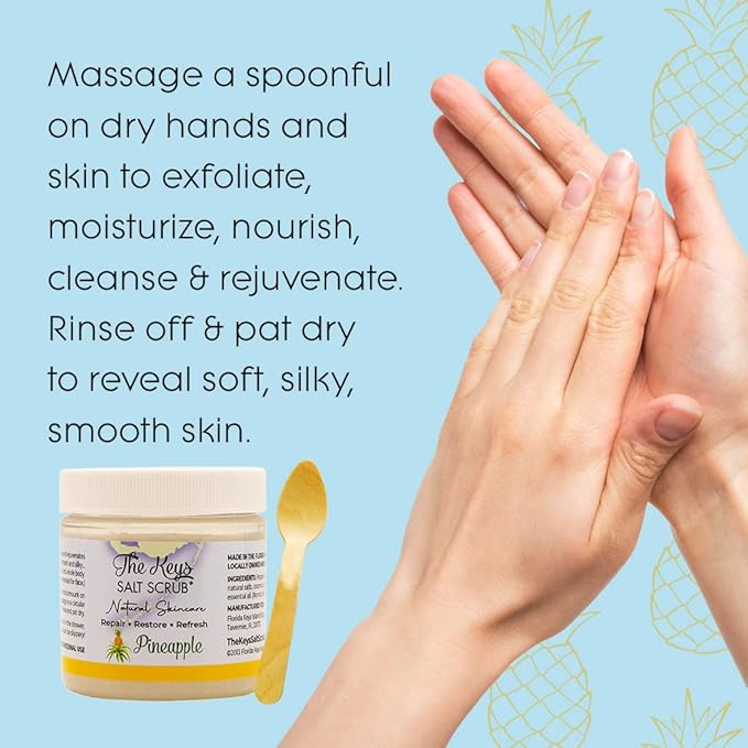The Keys Salt Scrub -Sea Salt Scrub - Exfoliating Body Scrub with Wooden Spoon - Moisturizing Exfoliator for Hands, Foot, Bath, (3.4 Ounce (Pack of 1), Pineapple)
