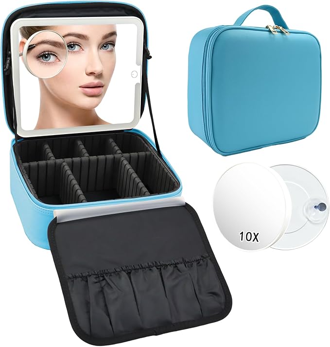 SLUMAZI Travel Makeup Bag with LED Mirror and 10x magnifying glass with 3 Lighted Settings, Adjustable Dividers and Makeup Brush Storage Bag Blue