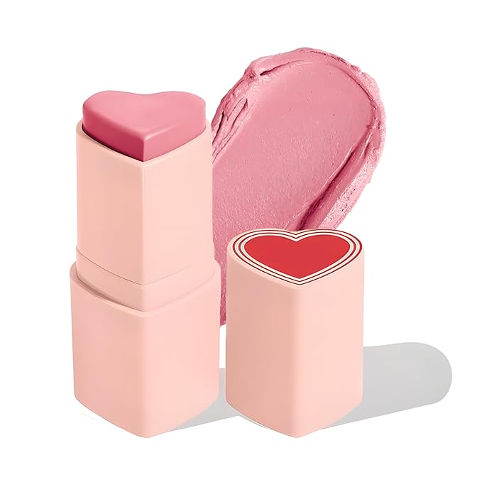 Blush Stick for Cheeks, Cream Blush with Heart-shaped, Candy Rose