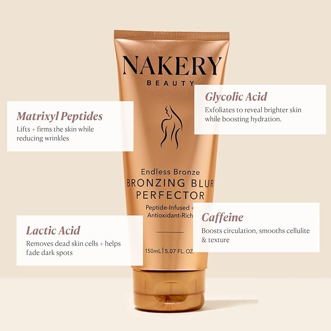 Nakery Bronzing Blur Perfector, Instant Body Bronzer for Women, Skin Tint with Shimmer, Easy Rinse Formula for Natural Looking Sunless Glow, Tinted Lotion for Legs and Arms