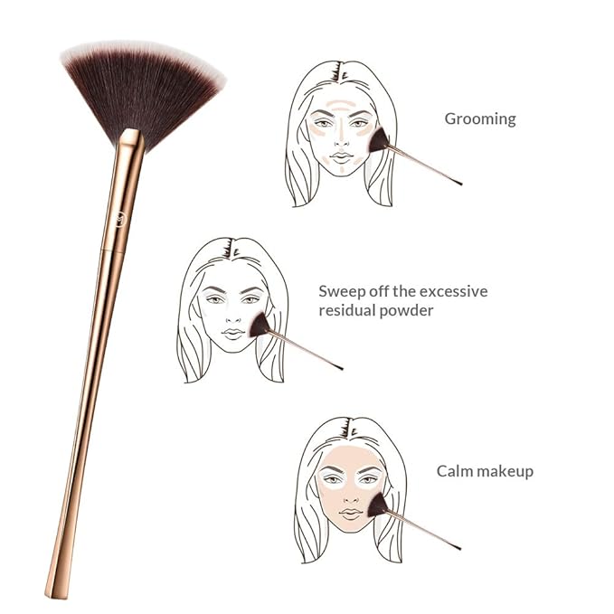 Brush Master Fan Makeup Brush For Highlighter, Blush, Flutty&Powder Cosmetic Tool w/Long Handle& Anti-Champagne Gold Brush