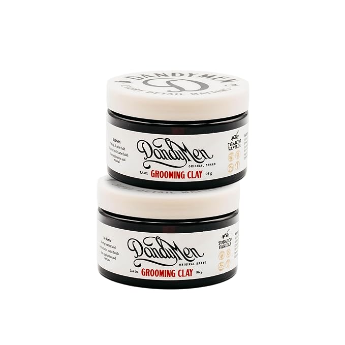 DandyMen Grooming Clay – Strong Hold, Natural Matte Finish, and Flexible Styling with Kaolin Clay & Beeswax – Tobacco Vanilla Scent – 3.4 oz (2-pack)