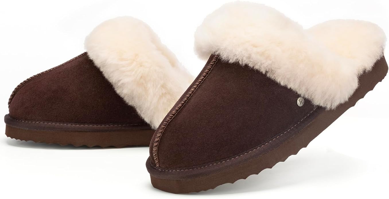 Parfeying Women's Shearling Slippers Genuine Leather with Rubber Sole, Sheepskin Fuzzy Indoor Outdoor Shoes for Home