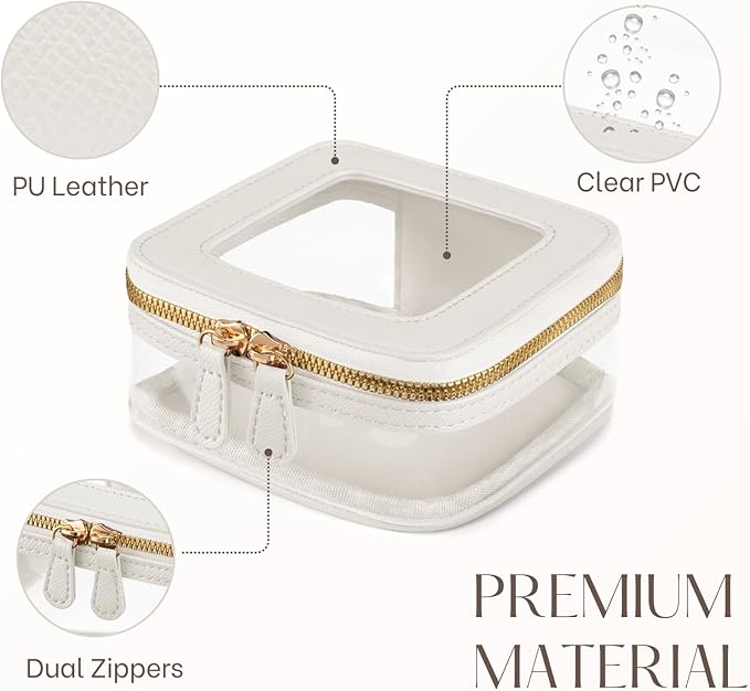 Oaque Mini Cosmetic Bag Clear Makeup Bag Small Travel Toiletry Bag with Zipper, Cute Car Cosmetic Case Transparent Makeup Pouch for Purse (White)