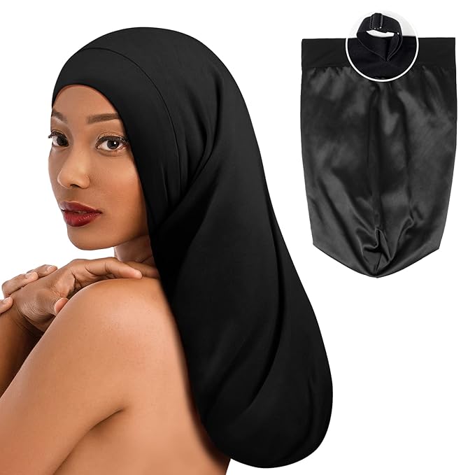 Fittia Long XL Silk Satin Bonnet for Braids, Dreadlocks for Curly Hair Sleeping, Large Silk Sleep Cap for Black Women Men Frizzy Hair