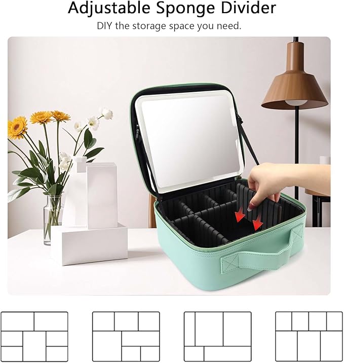 SLUMAZI Travel Makeup Bag with LED Mirror Travel Makeup Organizer with 3 Lighted Settings, Adjustable Dividers and Makeup Brush Storage Bag Light Green
