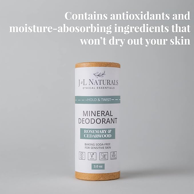 J&L Naturals Mineral Deodorant | Baking Soda-Free, 100% Natural, Sustainable | Sensitive Deodorant For Women & Men | Aluminum Free, Vegan, Cruelty-Free (Rosemary & Cedarwood, 3 Oz (Pack of 1))